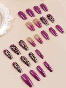 24Pcs Box Set Of Purple Ombre Glitter Gradient Press-On Nails For Ballet Shape, Middle Length, Mixed Color System, Glossy Finish, Perfect For Spring And Summer Parties Nail Supplies Nails - 彩色 - 查看 3
