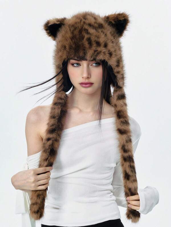 1 pieza Sombrero de oreja de mujer con estampado de leopardo y peluche, orejera versátil de otoño/invierno cálida, adecuada para uso diario, compras, caminatas, ciclismo al aire libre