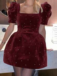 Elegant French Romantic Party Dress, Puff Sleeve Pearl Decor Mini Dress For Birthday Party, Date