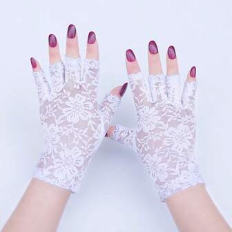 Lace Trim Half Finger Gloves For Women, Sexy Sheer Mesh Fingerless Gloves, Anti-Slip Driving Gloves, Elegant Black, Spring & Autumn Lace Half Finger Gloves For Women, Thin Breathable Elastic Black Gloves, Sexy Elegant, Spring & Autumn, Suitable For Driving & Cycling, Anti-Slip