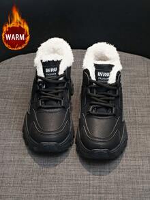 1 Pair Women Casual Thermal Lined Chunky Sneakers, Round Toe Lace-Up Outdoor Winter Leather Shoes - Black Velvet - View 4