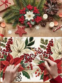 1/4/6/8/12pcs Christmas Dwarf Placemats 12.6"X16.5" Inches -Linen Placemats, Christmas Poinsettia Floral Linen Placemats | Machine Washable, Woven Rectangular Table Mats For Holiday Dining, Kitchen Table Decor - Multicolor - View 5