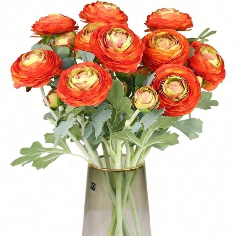 Artificial Ranunculus Flowers With Real Touch Stem, Silk Ranunculus Flowers(10 Pack) (White)-KF - Orange - View 1