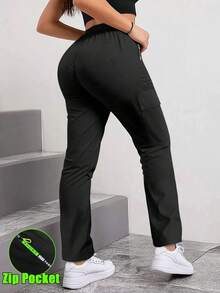 Women's Outdoor Sports Pants, Solid Color Multi-Pocket Cargo Pants, Straight Leg Zipper Sports Trousers, Spring/Autumn - Black - View 5