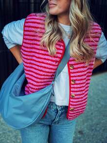 1 pieza Chaleco de punto a rayas, casual, para vacaciones, para citas, adecuado para otoño/invierno, Navidad, Año Nuevo, Día de San Valentín