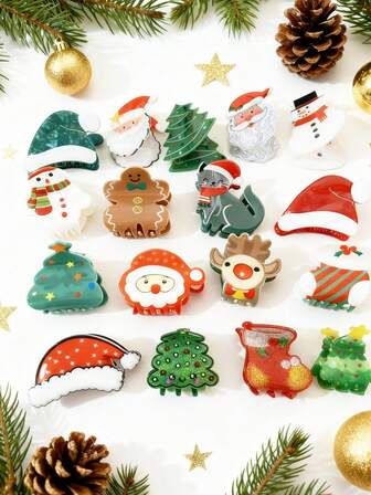 1 pieza Clips de mujer con diseños de hombre de jengibre, Papá Noel, árbol de Navidad, renos, calcetines navideños lindos, pinza de sombrero de Papá Noel, accesorios para el cabello de invierno, elegantes pinzas para el cabello de invierno