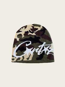 1pc Camouflage Letter Knit Beanie, Unisex Warm Winter Hat, Suitable For Casual, Streetwear, Couples, Students, Autumn/Winter