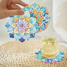 Set de 8 posavasos con diseño de flores y diamantes, posavasos brillantes con diamantes de imitación resistentes al calor con soportes, suministros de manualidades para posavasos DIY, suministros de artesanía de arte de diamantes artificiales, regalo - Multicolor - Ver 7