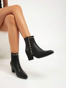 女士时尚粗跟靴，百搭拉链开合优雅尖头性感派对踝靴，秋季 - 黑色 - 查看 5