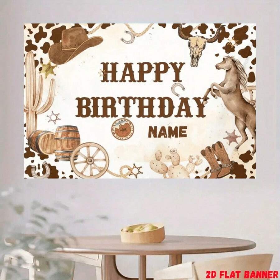 Banner de aniversário com tema de faroeste, personalizado com nome, texto "Feliz Aniversário", cactos, cavalos, chapéu de cowboy e balões. Decoração de parede em tons de marrom e dourado, sem necessidade de energia elétrica. Fácil de pendurar, ideal para casa ou eventos. Banner plano 2D com nome personalizado e estampas típicas do Velho Oeste. Perfeito para festas de aniversário.