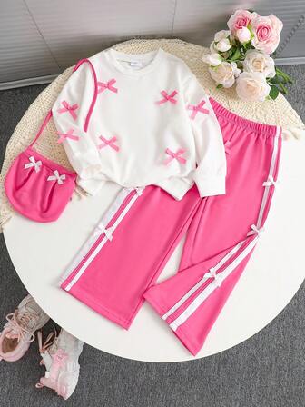 Set de 2 piezas: Sudadera para niñas pequeñas con decoración de lazo 3D en la manga larga + Pantalones rectos de deporte casuales con cordón en la cintura y decoración de lazo 3D + Bolsa accesorio