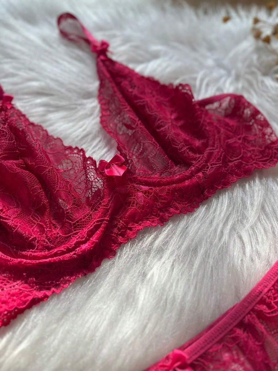 Sexy Lace Lingerie Set Without Pads Lined - Hot Pink - View 1