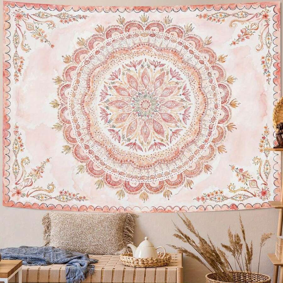 1pc Vintage Bohemian Mandala Tapestry - Large Floral Wall Hanging With Intricate Patterns In Orange, Yellow, And Beige, Perfect For Living Room Or Bedroom Decor, Boho Home Decor - khác - Xem 1