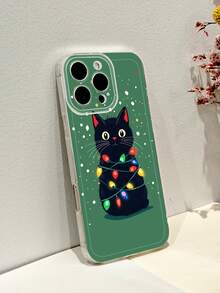 1PC Funda de teléfono con gato negro envuelto en luces navideñas sobre fondo verde protectora para lente ideal para quienes aman a los animales y la temporada festiva regalo divertido y lleno de espíritu navideño : funda transparente con protección completa para lente compatible con iPhone16/15/14/13/12/11/Pro/ProMax, compatible con Galaxy A34/A35/A54/A55, Galaxy S20/S21/S22/S23/S24 Ultra/Plus, compatible con Moto/Galaxy/Redmi/Honor/OPPO, agarre cómodo regalo festivo para amigos, novia, novio, familia - transparente - Ver 3