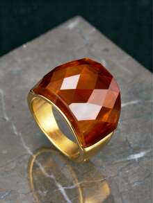 新品上市珠宝电镀金色不锈钢316戒指流行高端焦糖色宝石女士钛钢圣诞礼物琥珀色带红焦糖棕色底色宝石戒指 - 金黃色 - 查看 1