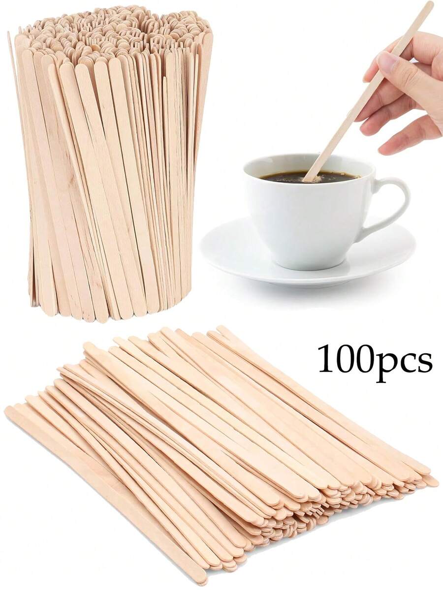 100pcs Wooden Coffee Stirrers - Disposable Wooden Stirrers, Suitable For Coffee And Cocktails - Smooth And Splinter-Free, Ideal For Beverage Mixing - Suitable For Cafes, Bars And Beverage Stations - Multicolor - View 1