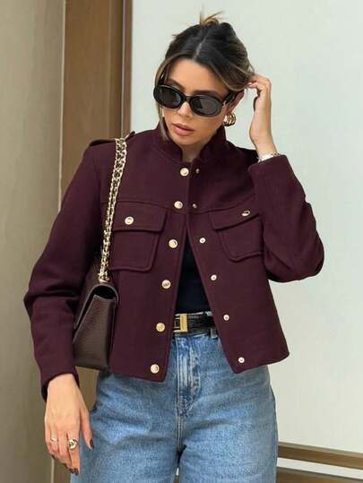 Jaqueta de Tecido Semelhante à Lã com Botão de Metal TRAFZA para Mulheres, Casual Elegante, Cor Sólida