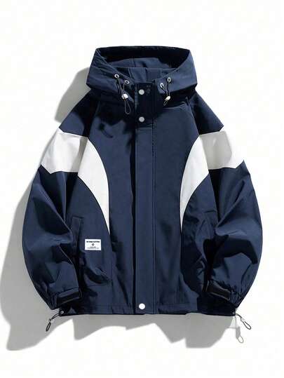 Men's Contrast Color Zip Up Drawstring Hooded Casual Jacket, For Fall
