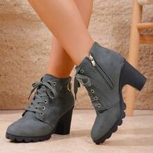 优雅水钻装饰女士时尚靴子，前系带，侧拉链，粗跟 - 灰色 - 查看 7