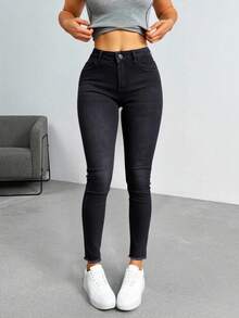Pantalones vaqueros ajustados de tiro alto color negro, tejido suave y elástico, estilo casual y versátil - Negro - Ver 3