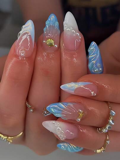 Instantly Upgrade Your Look With 24Pcs Almond Square Press On Nails Set Delicate Elegant Blue French Style 3D Faux Pearls Stripes Gold Starfish Shells Pull Gel Stripes Design Pink Fake Nails Fashion White Pink Gradient Blue Fine Glitter Fake Nails Full Cover False Nails For Women And Girls Includes 1 Sheet Adhesive Tabs & 1 Pc Mini File Strip Jelly Gel Random Shipment Jelly Gel Random Shipment Nail Supplies Nails