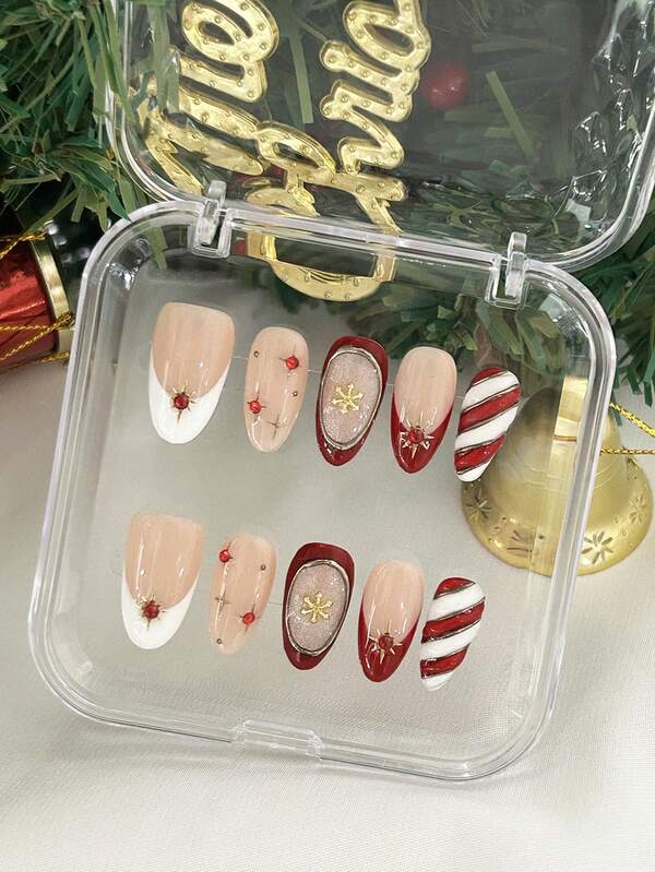 MXYIYANR 10 Stücke Weihnachts-Mandel-Handgefertigte Aufklebe-Nägel, weiß und rot französische Fingerspitzen, 3D Sonne und Schneeflocken Design, mit Chrom-Bonbon-Linie dekorierte handgefertigte Kunstnägel, geeignet für Mädchen und Frauen für den Alltag, Neujahr, Weihnachts-Nageldekoration