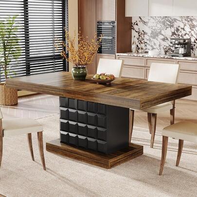 Tribesigns - Mesa de comedor rectangular moderna de 63 pulgadas para 4-6, mesa de comedor rectangular con relieve geométrico, mesa de comedor de cocina con pedestal, mesa de comedor de madera para