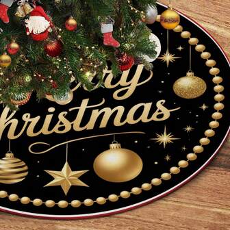 1 pieza Falda de árbol de Navidad negra con bola dorada y colorida, alfombra de árbol de Navidad de fibra de poliéster, adecuada para decoración de fiestas temáticas y del hogar, excelente para decoración navideña en el hogar, oficina y habitación, alfombra tradicional de árbol de Navidad, decoración de escena, decoración de ambiente navideño, decoración del hogar y la oficina, regalo de Navidad, decoración de fiestas temáticas, decoración navideña de la cocina