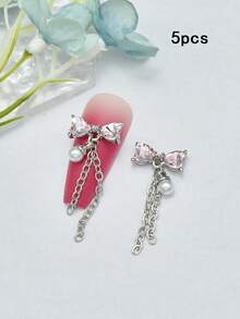 5 Pcs Bow Pearl Chains Nail ArtCharms, Luxury Heart Rhinestone &Bow Pearl Pendant Nail CharmsJapanese & Korean Style Nail Decorations, Nail Art Supplies
