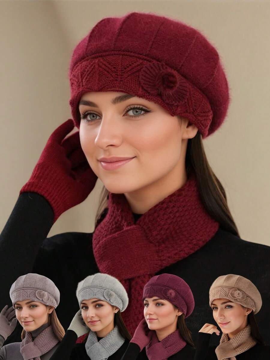 Set de 2 piezas Sombrero y bufanda de cuello versátil para mujer, cálido en invierno, adecuado para ejercicio, accesorio de invierno, regalo de San Valentín para madres de mediana edad y ancianas - Multicolor - Ver 1