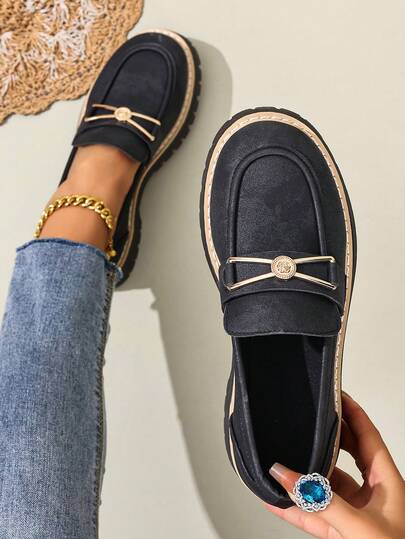 Black Leather Loafers For Women, Chunky Heel, Slip-On, Metal Buckle Decor, Glossy Finish, Casual Oxfords, Suitable For Spring, Autumn, All Seasons