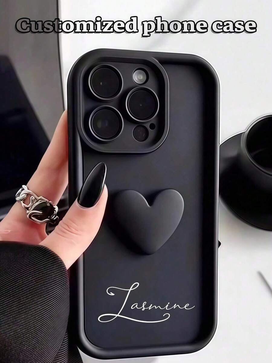 1 pièce Étui de téléphone personnalisé avec cœur 3D mignon et phrase courte. Étui de protection en TPU souple avec amortissement de luxe et anti-chute, compatible avec Apple 17 16 15 14 13 12 11 Pro Max Plus 17 Air / A07 A17 A05 A06 A15 A16 S25 S24 S23 - Noir - Voir 1