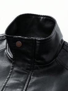 男士复古美式PU皮夹克，经典双条纹 - 黑色 - 查看 4