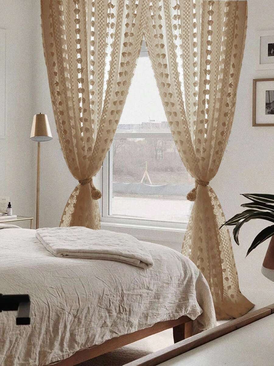 1 tấm vải rèm vải lanh sọc bohemian Jacquard Pom-Pom, rèm cửa phong cách Bắc Âu tự nhiên, rèm ngăn phòng, dễ dàng lắp đặt, phù hợp với mọi mùa - Nhiều màu - Xem 1