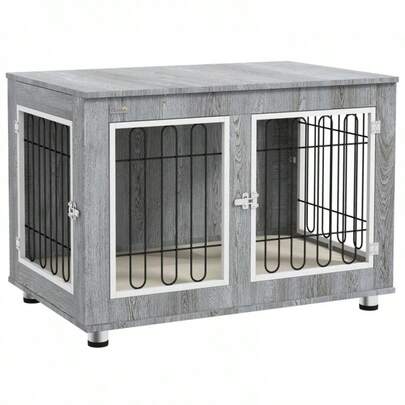 PawHut Dog Cage, Dog Kennel With Cushion, 2 Locks For Medium Dogs, With Double Doors, Grey, 90 X 58 X 65 Cm