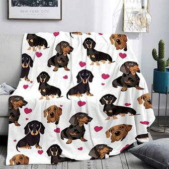 1 pieza Nueva manta con estampado de perro salchicha con forma de corazón, estilo moderno con impresión digital de alta definición, fibra de poliéster suave y cálida | Perfecta para acampar, sofá o viaje, cómoda, ligera, suave, plegable, adecuada para sofá, cama, mecedora, chal de oficina, mejor opción de regalo