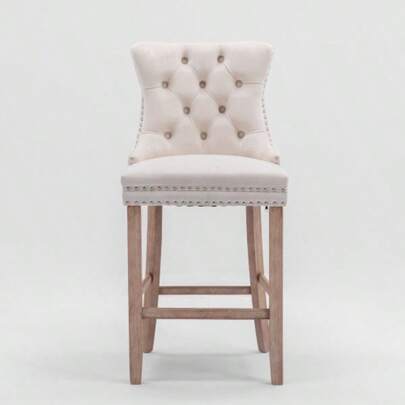 Contemporary Velvet Bar Stools, Button Tufted Velvet Decor With Wooden Legs, Nailhead Trim, Casual Style Bar Chair, Bar Stool, 2-Piece Set (Beige), DE2002BG