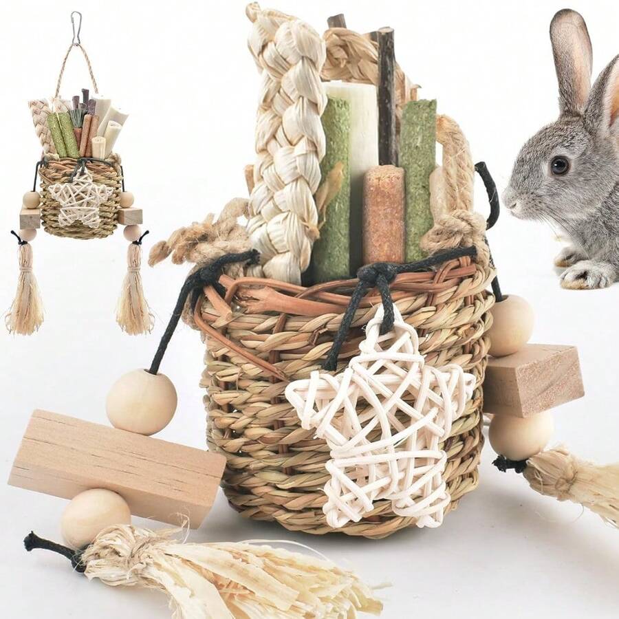 Bissap Bunny Chew Toys, Natural Seagrass Hanging Basket Chews Water Plant Woven Chinchillas Chewing Treats For Rabbits Guinea Pigs Chinchillas Hamsters Rats And Other Small Pets Teeth Grinding Toy - Modern - 查看 1