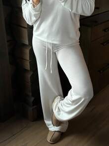 Women's Casual Black Wide Leg Fabric Pants With Drawstring Detail Long Medium Stretch