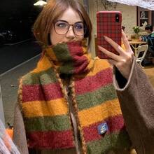 1 件女士厚实温暖冬季围巾 - 绿色和灰色横条纹，柔软无弹性披肩，适合休闲和正式穿着 - 寒冷天气配饰（手洗/干洗） - 适合秋冬季的优雅分层，时尚设计，舒适质地，多功能披肩，时尚女士 - 彩色 - 查看 1