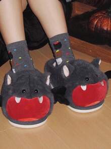 Women's Halloween Plush Slippers, Dark Grey Bat Design, Non-Slip Indoor Warm Thick Soft Sole, Winter - Dark Grey - View 5
