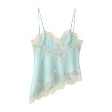 Women Satin Lace Camisole Top Sleeveless Spaghetti Strap Silk Lace Trim Cami Top Asymmetrical Tank Top Streewear - 藍色 - 查看 5