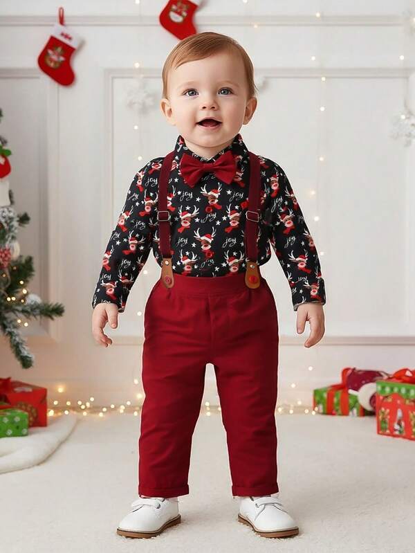 BOARNSEORL Conjunto de caballero para bebé niño, con parte superior de manga larga con estampado de ciervos navideños y moño, y pantalones rojos con tirantes, elegante para fiesta de cumpleaños, ocasión formal, Navidad