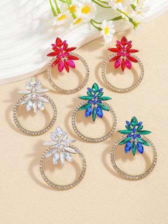 2 piezas Pendientes de flor de tela con cristales de estilo retro-chic bohemio, pendientes elegantes de flor de malla con cristales de colores para damas en fiestas y bailes de noche.