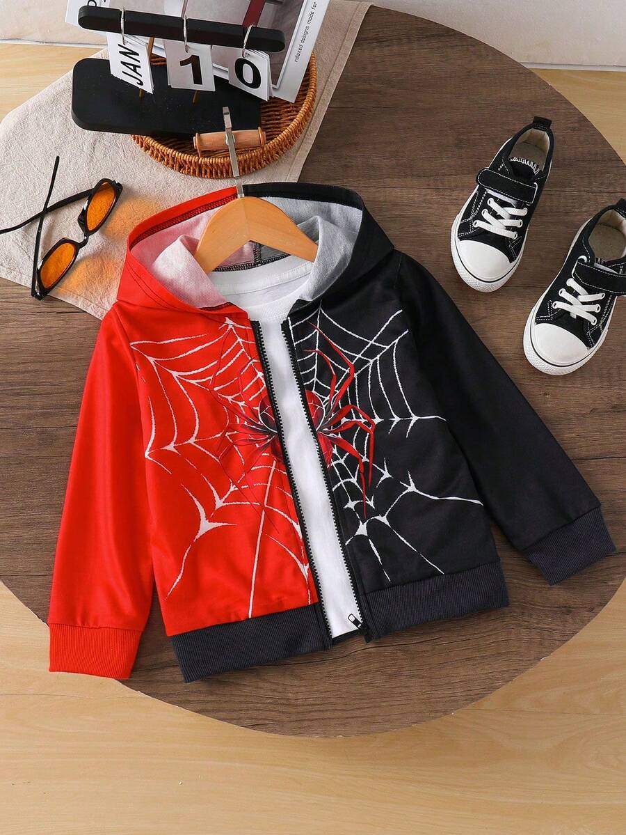 年轻男孩时尚简约休闲户外流行礼物可爱柔软蜘蛛网拼接拼色印花连帽长袖夹克，秋季