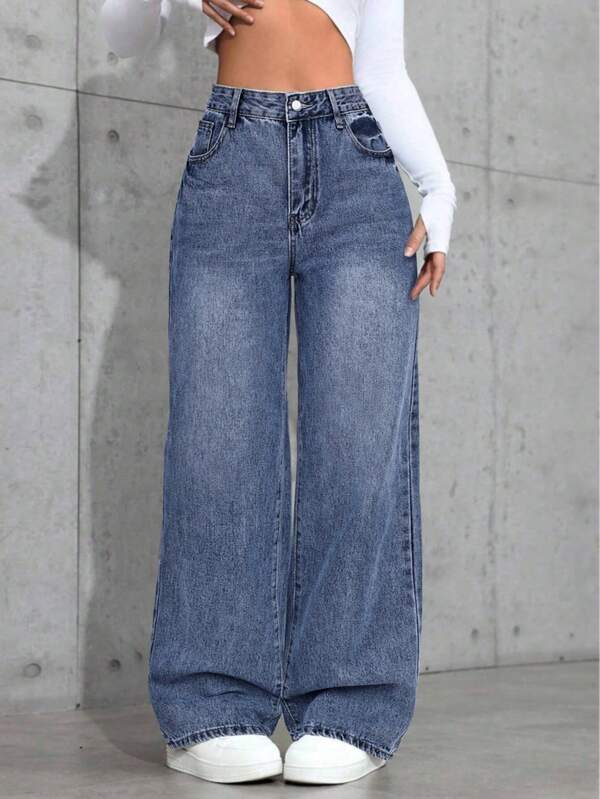 Jeans de mezclilla lavada larga para mujer, estilo casual de fiesta, ajuste de pierna recta