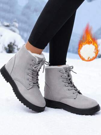Lätta, tjocka och varma snöstövlar för kvinnor, kort skaft, vinterplyschfodrade, rund tå, plusstorlek, köldtåliga, platta, halkfria, plyschfodrade skor, storlek 35-44