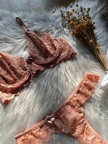 Sexy Lace Lingerie Set Without Pads Lined - Màu hồng gỉ - Xem 2