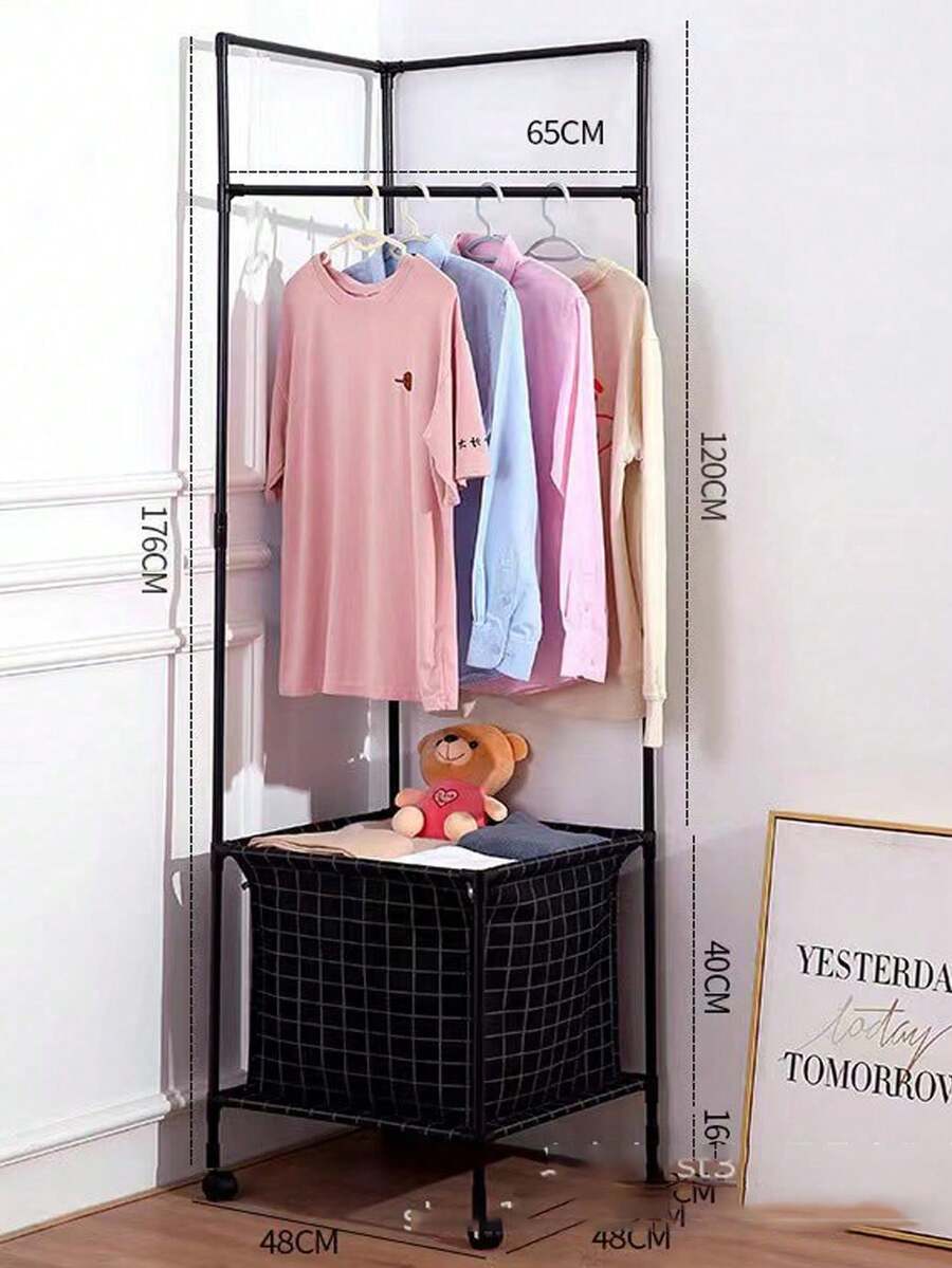 2 In 1 Corner Clothes Rack, Dirty Clothes Basket, Bedroom Storage Rack, Clothes Organizer, Home Storage Shelf - Black - View 1