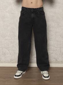 29 Calça Denim Preta Casual de Perna Larga e Solta com Bolsos Estilo Urbano para Homens, Adequada como Presente para Marido, Namorado - Preto e Branco - Visão 6
